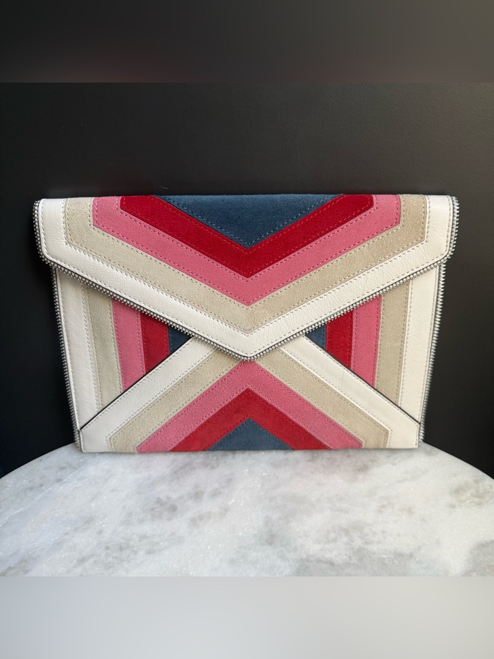 Rebecca Minkoff Chevron Suede Envelope Clutch in Navy, Red, Pink, Cream